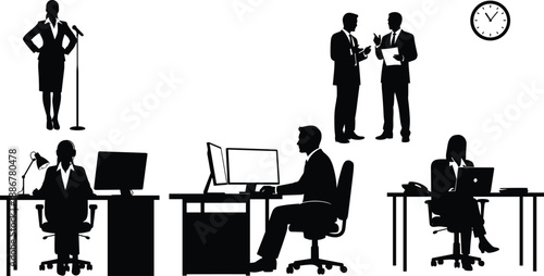 Business office silhouette icon set showing professional people working meeting presenting and discussing corporate tasks isolated black vector figures