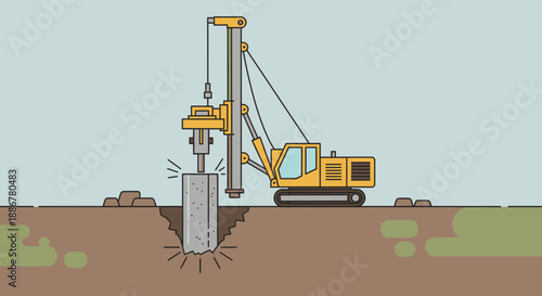 Industrial Pile Driving Equipment Working On Ground Foundation Project Site