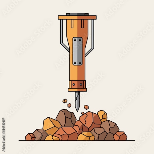 Industrial Pneumatic Jackhammer Demolishing Stone Material on Construction Site Vector Illustration
