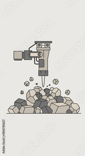 Industrial Power Tool Demolishing Rocks With Force In Minimalist Art Style Illustration