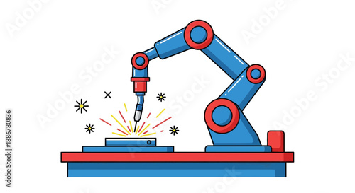Industrial Robotic Arm Performing Welding Operation On Metal Surface With Sparks Flying