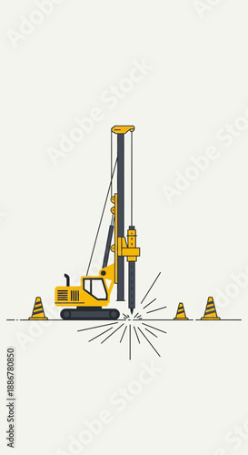 Large Scale Industrial Drilling Machine Excavating Foundation On A Busy Construction Site