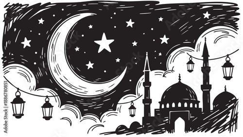 Hand-drawn silhouette sketch of a mosque with minarets, featuring a large crescent moon, stars, and decorative lanterns against a dark, scribbled nigh