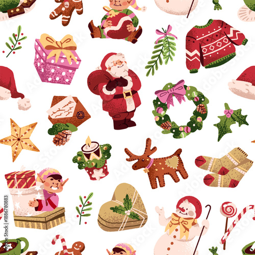 Repeatable pattern of different Xmas items: Santa Claus, wreath and gifts. Endless background of Christmas elements and ornaments for New Year and winter holidays. Flat seamless vector illustration