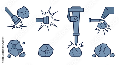 Industrial Rock Breaking Process Icons And Geological Elements Vector Collection Set