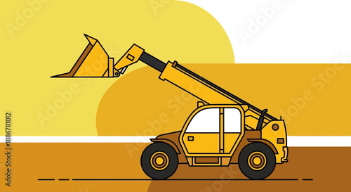 Industrial Telehandler Heavy Equipment Machinery On Construction Site Flat Design