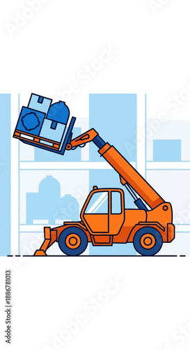 Industrial Telehandler Lifting Cargo Boxes In A Modern Warehouse Setting