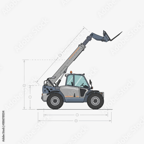 Industrial Telehandler Heavy Equipment Technical Drawing With Dimensions On White Background