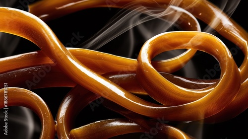 Close-Up View of Curled and Twisted Brown Candy Strings with Vapor and Glossy Surface on Black Background for Culinary and Artistic Inspiration