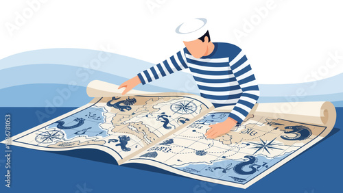 Maritime Navigator Discovering Ancient Lands Illustrated On An Antique Map Scroll