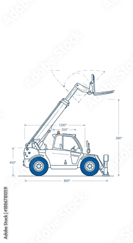Industrial Telehandler Machine Engineering Blueprint Diagram Heavy Equipment Design Vector