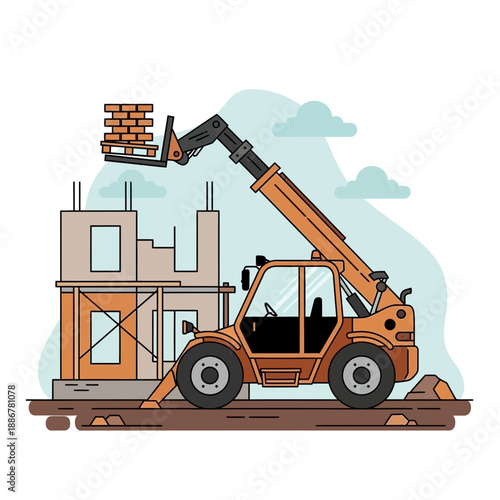 Industrial Telehandler Machine Lifts Bricks Towards New Modern Building Under Construction Outline