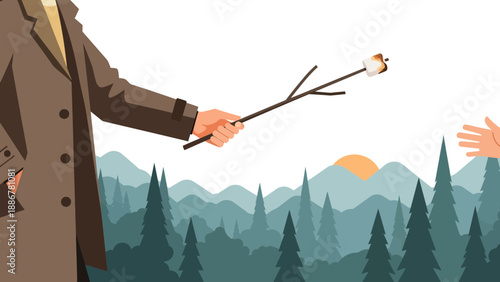 Marshmallow Toasting Over Forest Scene With Extended Hands For Weekend Getaway