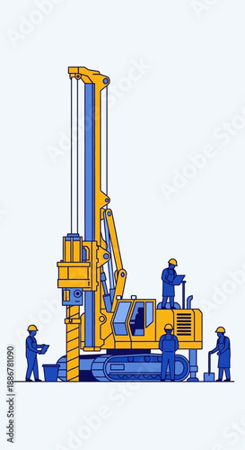 Massive Foundation Drilling Rig At Active Construction Site With Skilled Workers
