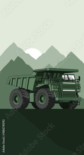 Massive Off-Road Haul Truck Operating In A Serene Mountain Landscape With Sunrise