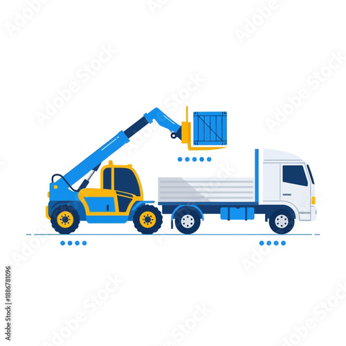 Industrial Telehandler Machine Loading Shipping Container Onto A Flatbed Truck Transport