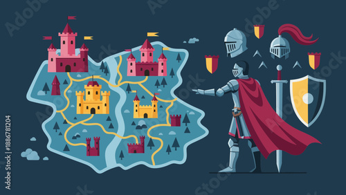 Medieval Kingdom Map With Knight Ready To Defend Against Invaders And Conquests