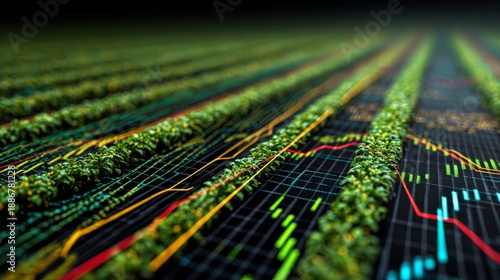 Wallpaper Mural Lush green rows blend into financial data, suggesting growth and economic interplay, overlaid with lines and charts Torontodigital.ca