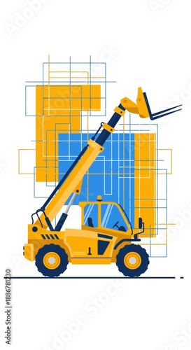 Industrial Telehandler Operating On Site With Abstract Grid Elements Vector Art