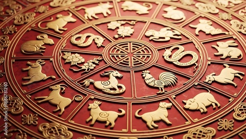Chinese zodiac wheel with twelve animal symbols in gold on red background