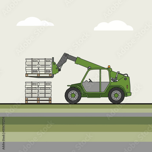Industrial Telehandler Operating With Stacked Goods Pallets Flat Illustration