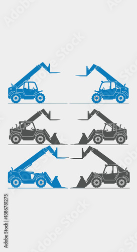 Industrial Telehandler Vector Icons Depicting Heavy Machinery For Construction And Logistics