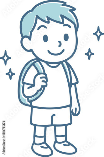 リュックを背負って元気に登校する笑顔の男の子（夏服・小学生・子供・通学・習い事）
