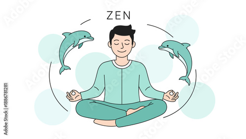 Meditating Man With Dolphins Symbolizing Zen and Serenity In A Modern Style