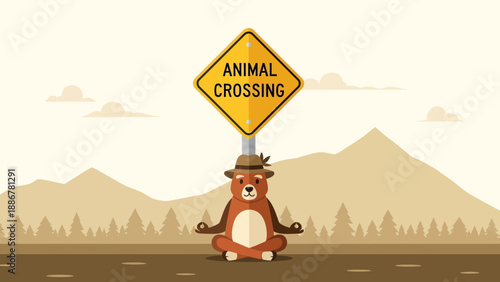 Meditative Bear Crossing Roadside Illustration With Serene Mountain Backdrop