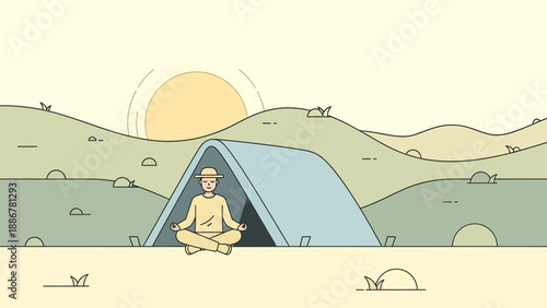 Meditating Man In Tent Under Sun, Mental Wellness and Peaceful Outdoor
