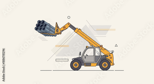 Industrial Telehandler Vector Illustration Elevating Metal Pipes With Modern Precision