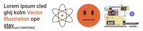 Technology, physics, artificial intelligence, emotions, automation, scientific research. Atomic model, neutral emoticon advanced automated machine with AI display. Technology and physics concept