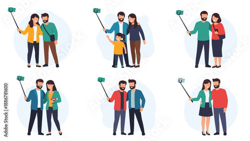 Set of diverse couples and families taking photos of themselves using a selfie stick on a light blue circle background.