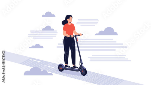 Modern woman in casual clothes riding an electric scooter along a road with stylized clouds in the sky background.