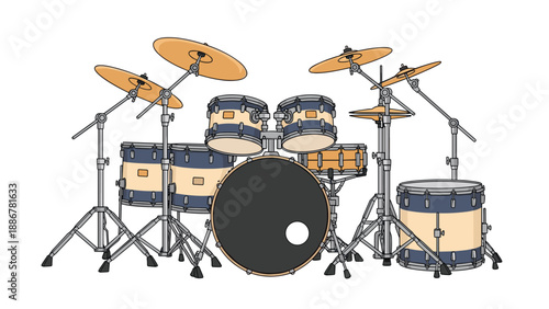 Professional drum kit set with various drums and cymbals on metal stands for a music band or professional recording studio.