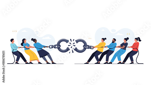 Diverse groups of people playing a game of tug of war with a large metal chain that is breaking apart in the middle.