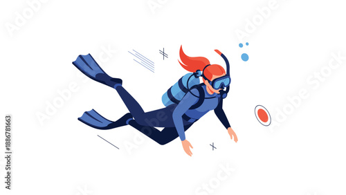 Professional female scuba diver swimming underwater with full diving gear including an oxygen tank and blue mask.