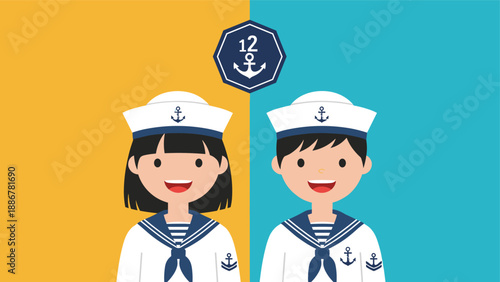 Cute boy and girl characters wearing white sailor uniforms and hats standing on a split yellow and blue background.