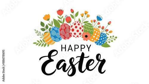 Festive Happy Easter greeting banner with a colorful arrangement of decorated eggs and blooming spring flowers.