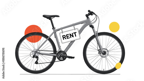 Gray mountain bike for rent with a small sign hanging on the frame and colorful circular shapes in the background.