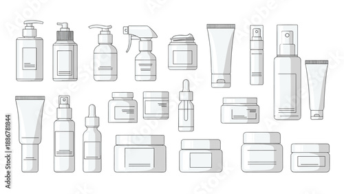 Assorted white cosmetic bottles and jars in various shapes and sizes, providing a clean template for beauty and skincare branding designs.