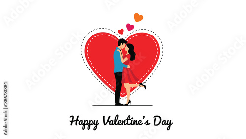 Romantic silhouette of a couple embracing inside a large red heart frame, celebrating love and affection for a happy Valentine's day.