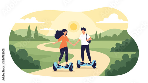 Couple holding hands while riding hoverboards along a park path at sunset, enjoying a modern and active outdoor date together.