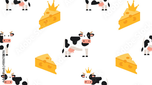 Playful seamless pattern featuring spotted cows and wedges of cheese with crowns, ideal for dairy brand packaging and kitchen decor.