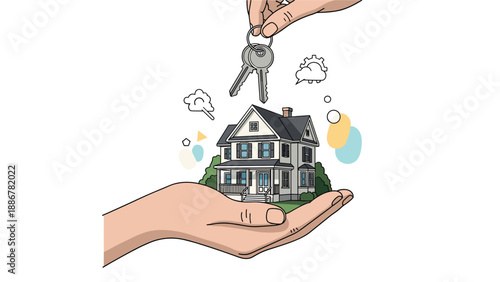 Hand holding house keys over a beautiful two-story family home, symbolizing real estate purchase, moving, and new beginnings.