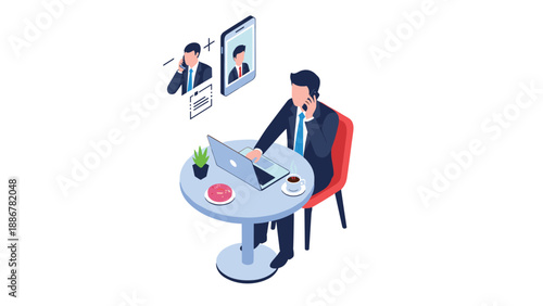 Businessman multitasking at a cafe table with a laptop, coffee, and a phone call, representing the modern remote work lifestyle.