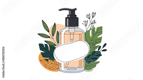 Organic cosmetic product bottle mockup with natural leaf decorations and a blank label on a clean white background.