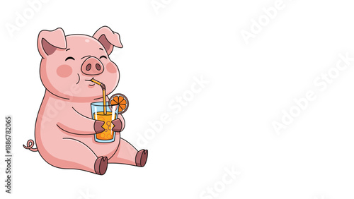 Adorable pink pig character sitting and drinking fresh orange juice through a straw on a plain white background.