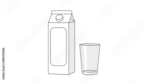 Simple line drawing of a milk carton and an empty glass on a white background for packaging or beverage design.