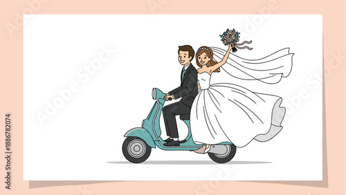 Newlywed bride and groom riding a blue vintage scooter together as a symbol of their new journey and adventure.